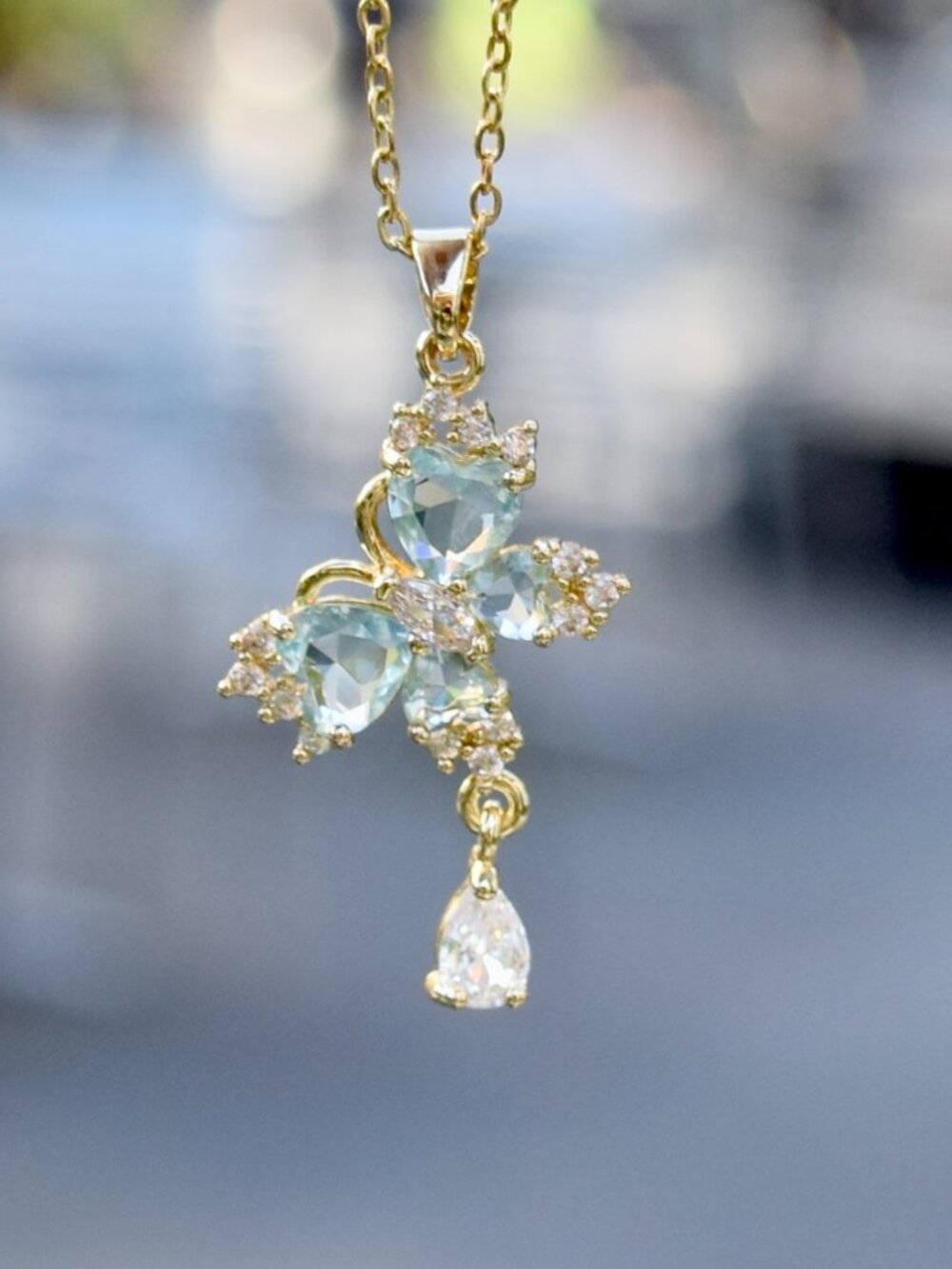 Princess Icy Blue Butterfly Charm Necklace - Stainless Steel Chain